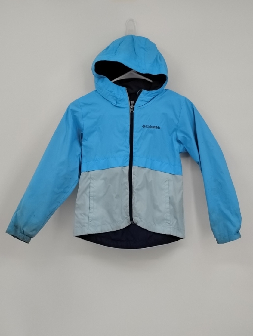 Columbia Two-Tone Blue Hooded Windbreaker Lined Jacket S 7/8